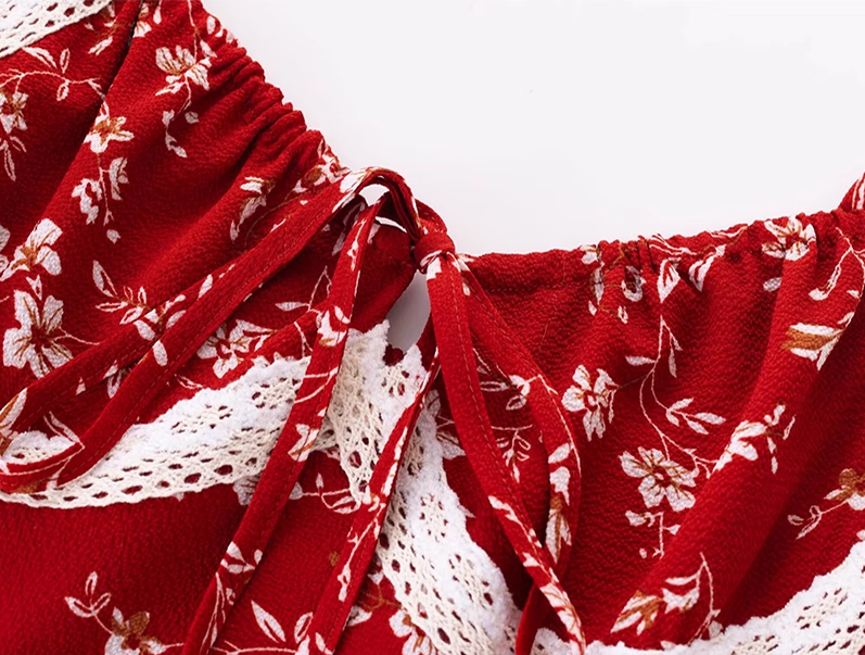 2025 Summer New Red Floral Sexy V-neck Mid-length Holiday Suspender Dress R0919