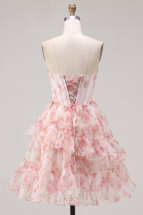 Gentle Blush Pink Floral Homecoming Dress ,A-Line Strapless Beaded Chiffon Corset Summer Dress RS1078