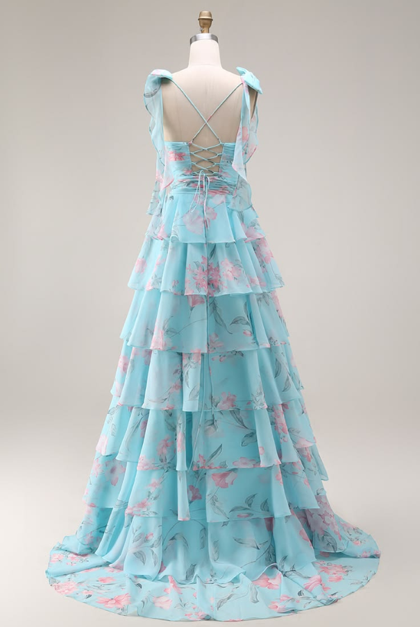 Elegant Baby Blue Prom Dress ,A-Line Spaghetti Straps Frilled Corset Maxi Summer Dress RS1083