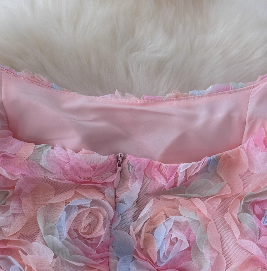 New three-dimensional mesh flower dress design with heavy waist and slim pink dress long skirt R0334