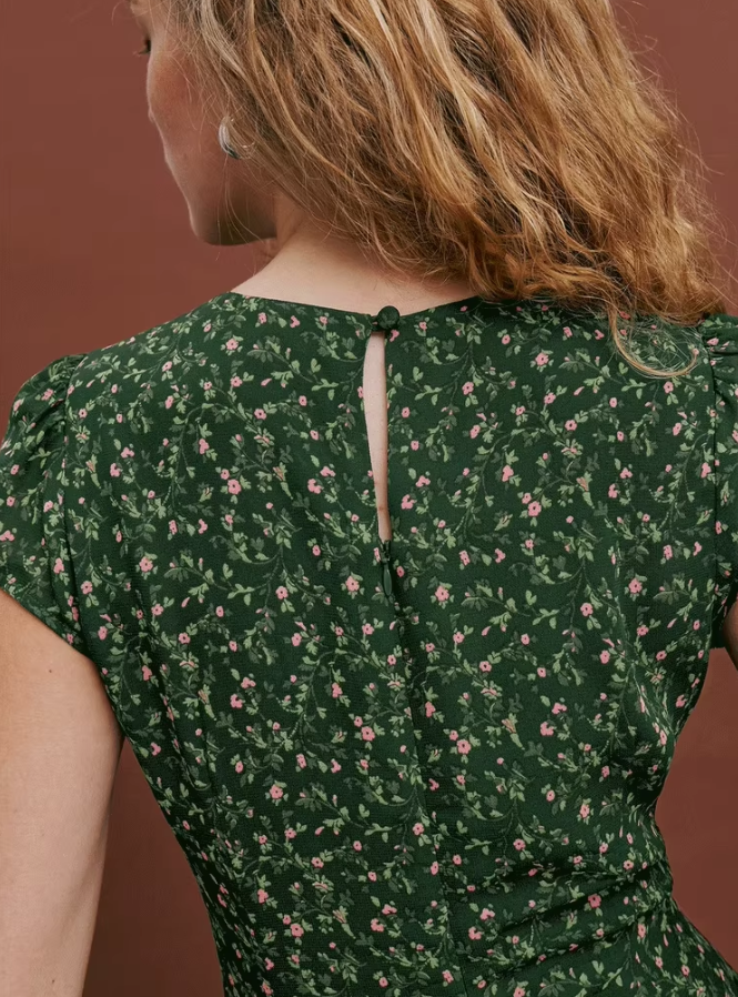 Chiffon Dress French Round Neck Green Floral Petite Mini Skirt R2905