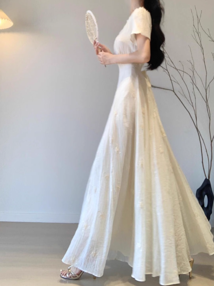 Platycodon French first love dress high-grade gentle temperament unique beautiful waist A-line long skirt R0452