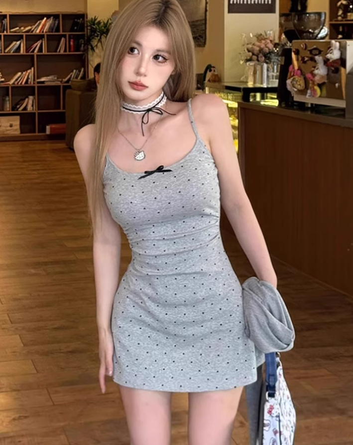 Pure desire knitted cardigan 2025 sweet and spicy polka dot suspender dress set R1135