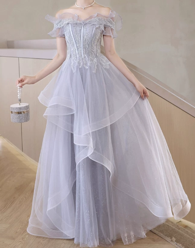 Elegant Lavender Prom Dress ,A-Line Bateau Lace Embroidery Corset Maxi Evening Dress RS1091