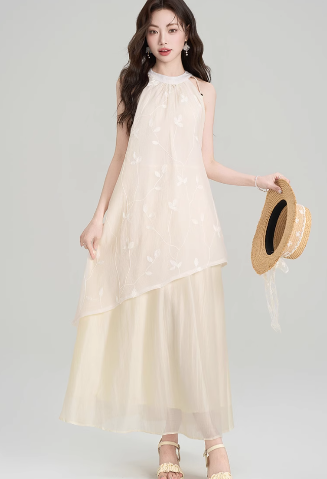 French style beautiful unique sleeveless halter dress holiday style irregular long skirt R2386