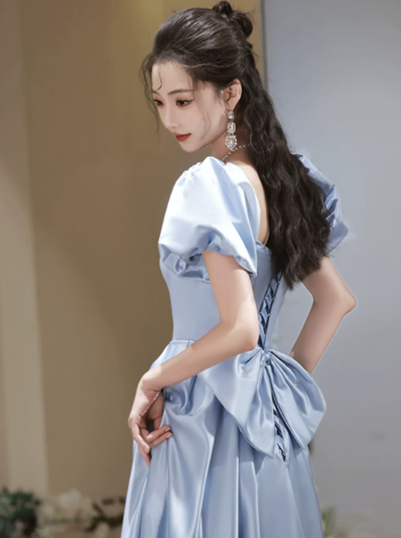 Minimalist Blue Prom Dress ,A-Line Square-neck Puff Sleeves Corset Maxi Evening Dress RS1109