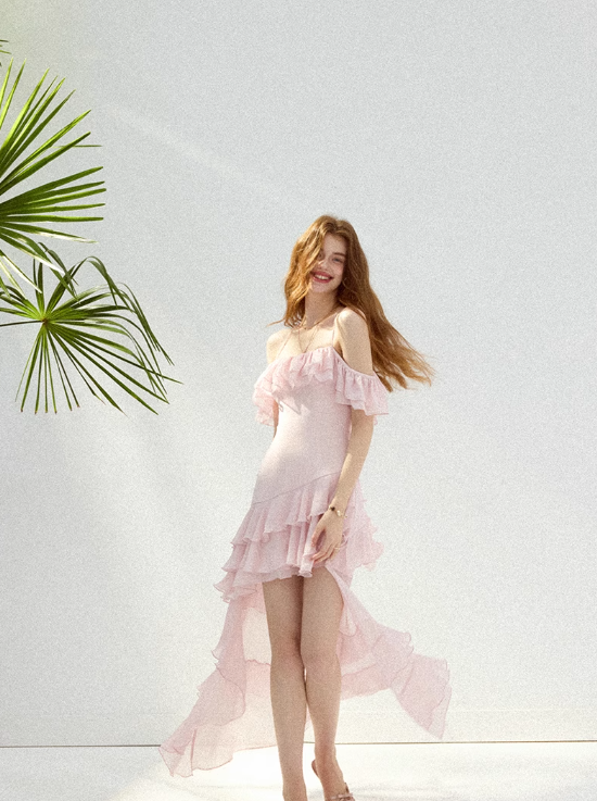 Watercolor flower path pink dress high-grade suspender skirt short skirt female summer R3422