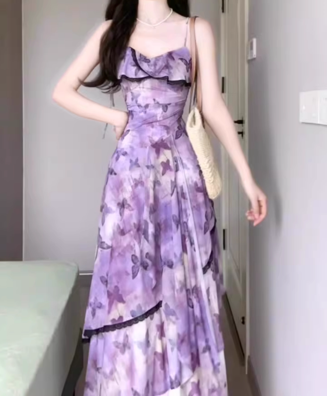 Purple oil painting floral suspender dress beautiful waist A-line long skirt R0749