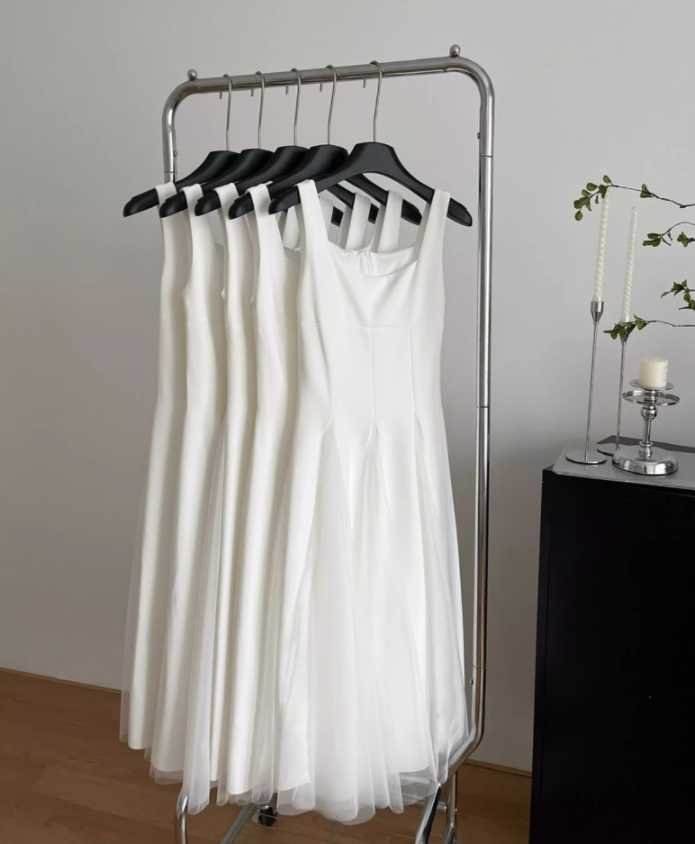 White suspender dress new style mesh fluffy fairy high-end long skirt R1980