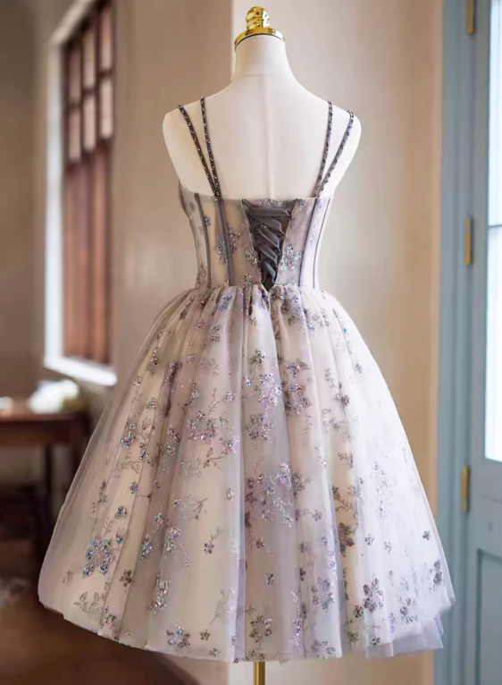Charming Purple Homecoming Dress ,A-Line Spaghetti Straps Sequins Corset Short Prom Dress RS816