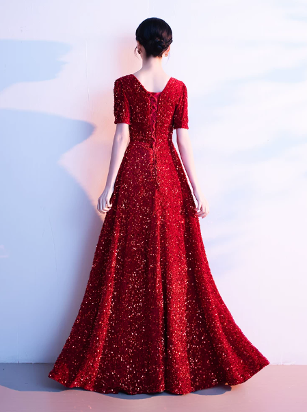 Glitter Red Sequins Prom Dress ,A-Line V-neck Bodycon Maxi Evening Dress RS1113