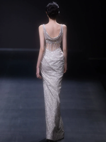 Glitter Sliver Prom Dress ,Sheath Spaghetti Straps High-slit Bodycon Maxi Evening Dress RS1120