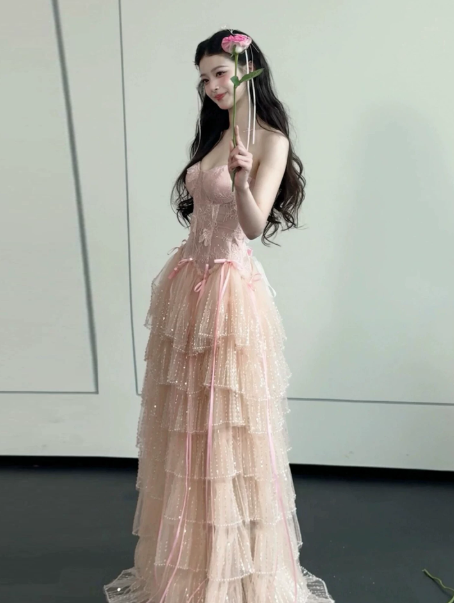 Sweet Pink Ruffled Prom Dress ,A-Line Sweetheart Tulle Bodycon Maxi Evening Dress RS1121
