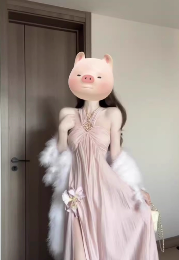 Beach vacation pink halter neck off-shoulder dress gentle temperament unique A-line long skirt R0430