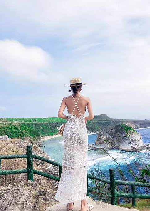 Lace Embroidery Halter Neck Dress Holiday Slim Fit Long Dress Backless Fishtail Beach Dress Women R0185