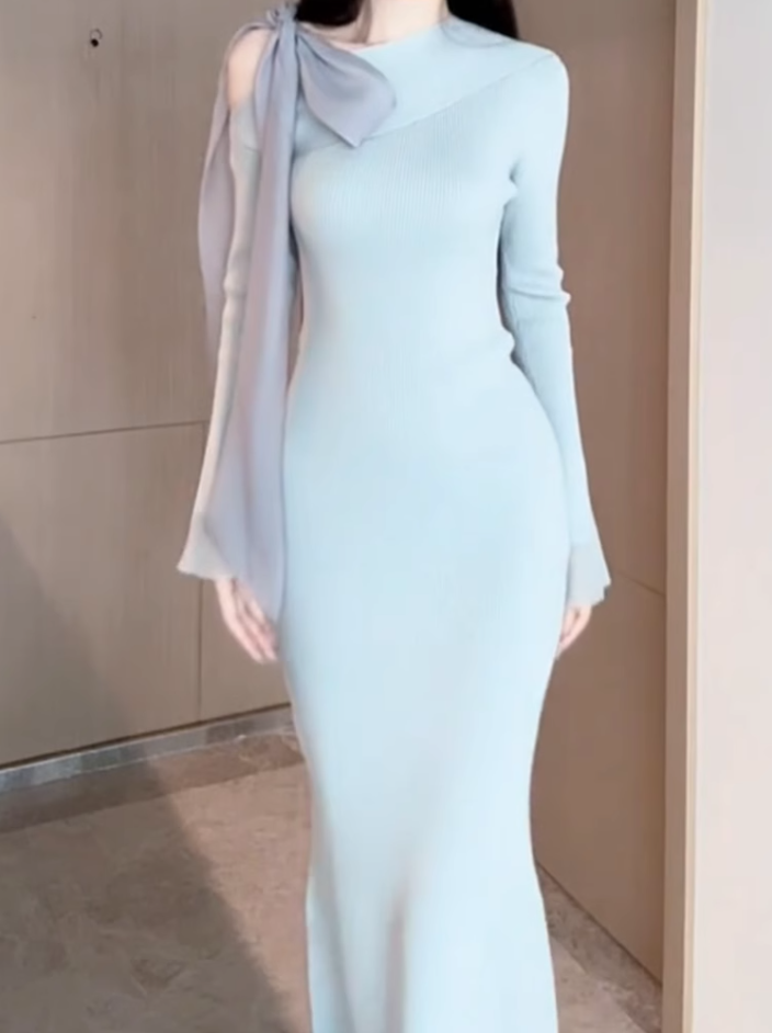 Gentle oblique collar bow tie dress 2025 waist hip long skirt R1168