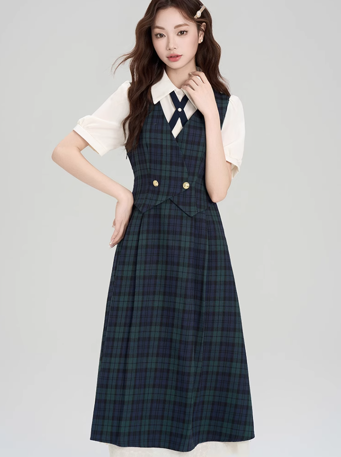 College style summer shirt splicing fake two-piece plaid dress R2395