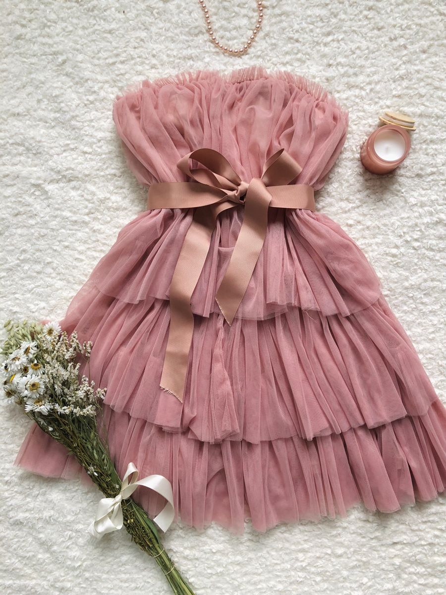 Cute Pink A-Line Strapless Ruffled Mini Summer Dress with Tulle Tiered Hem Homecoming Dress RS204