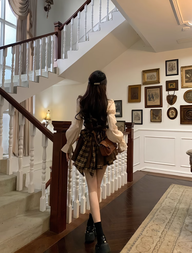 French retro long-sleeved bow dress 2025 plus size sweet plaid patchwork short skirt R1210