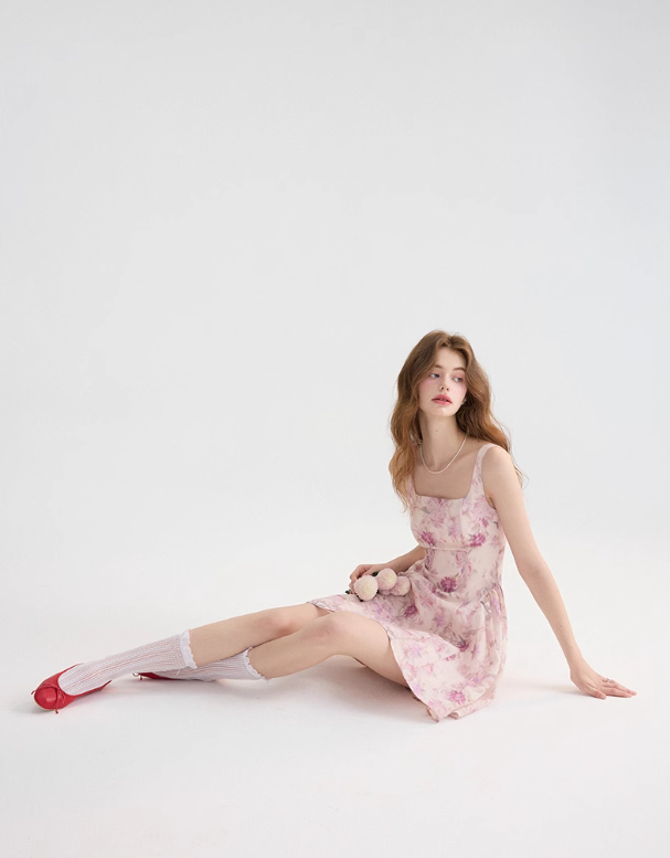 Floral suspender skirt outfit with waist-pinching dress pink short skirt for women in summer R3458