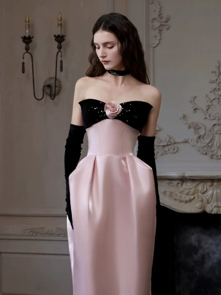 French Chic Black and Pink Prom Dress ,A-Line Strapless Applique Corset Maxi Evening Dress RS1133