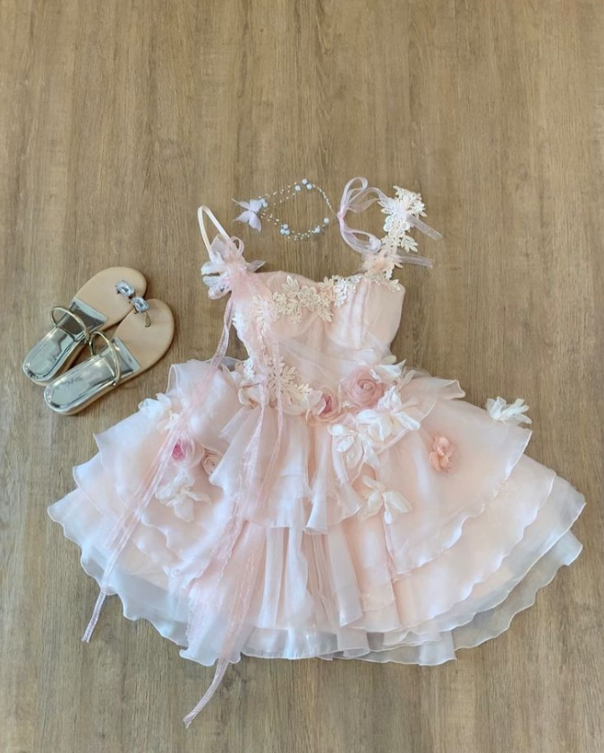 Sweet Blush Pink Ruffled Homecoming Dress ,A-Line Spaghetti Straps Applique Mini Cute Princess Dress Cami Dress RS1107