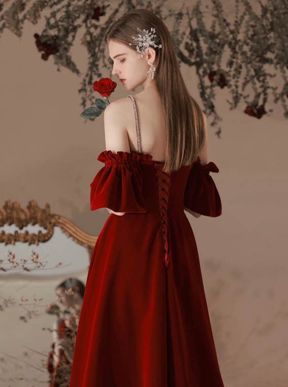 Charming Burgundy Prom Dress ,A-Line Spaghetti Straps Corset Maxi Evening Dress for Women RS900