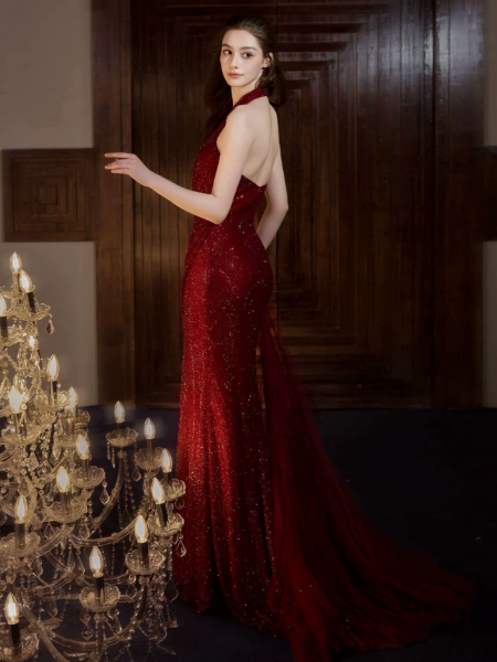 Elegant Burgundy Sequins Prom Dress ,Mermaid Halter Glitter Bodycon Maxi Evening Dress RS1138