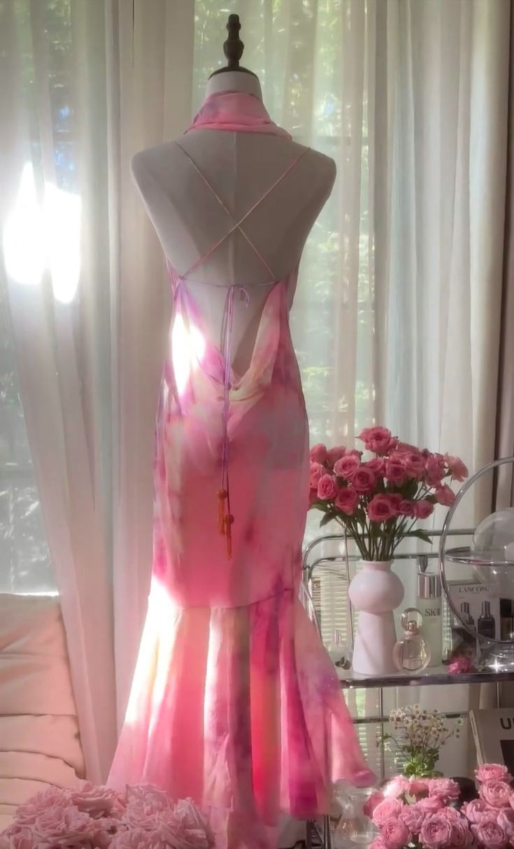 Pink suspender waist slim backless sexy fishtail dress, prom dress R5424