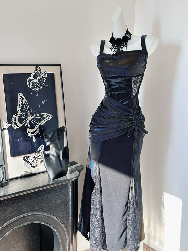 Black suspender waist slim hip maxi ball gown R6095