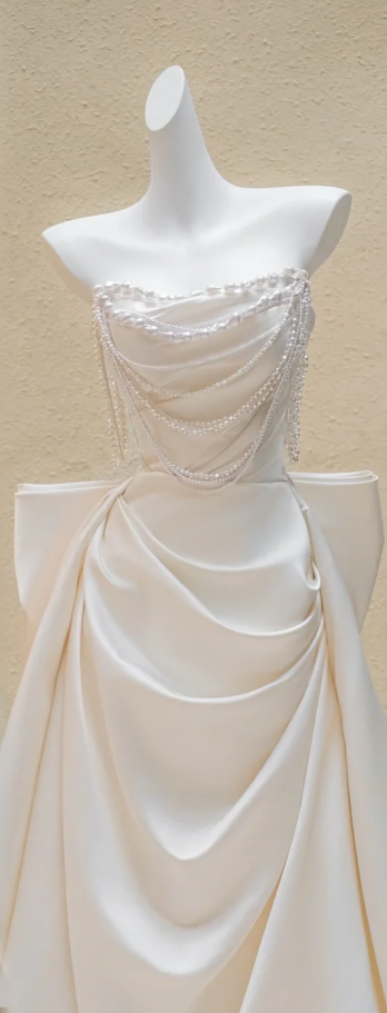 White Strapless Beaded Waist Satin Pleated Maxi Bridal Dress R5741