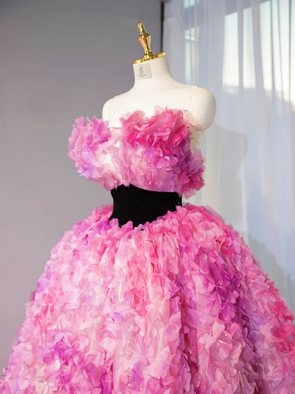 Pink strapless, fitted waist, full skirt, long ball gown, bridal dress R9010