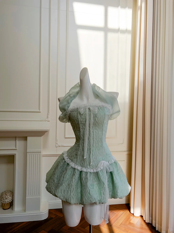 Light green halter neck slim waist flower bud short skirt homecoming dress R5184