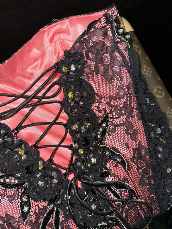 Pink strapless satin black lace fitted long ball gown R6933