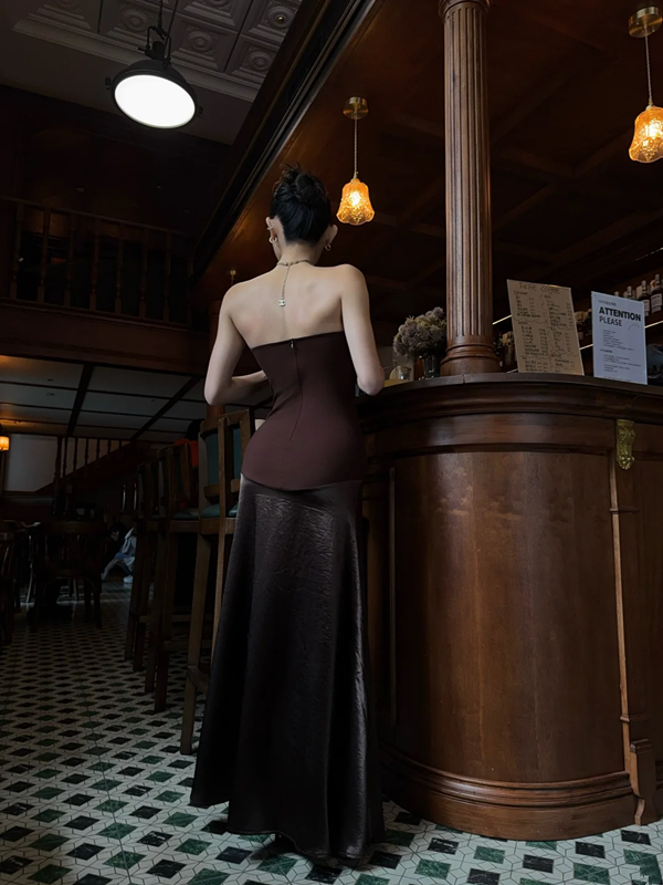 Brown strapless fitted long ball gown R8860