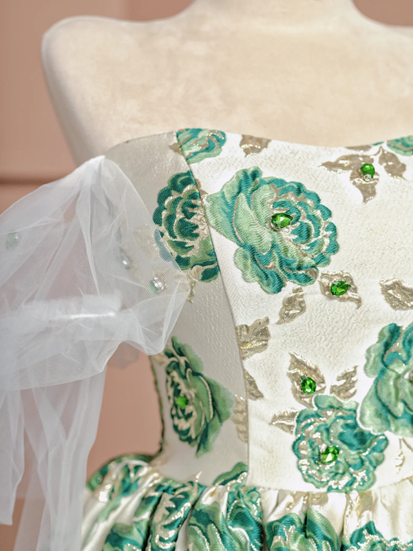 Retro strapless green floral print fitted waist puff skirt long ball gown R8375
