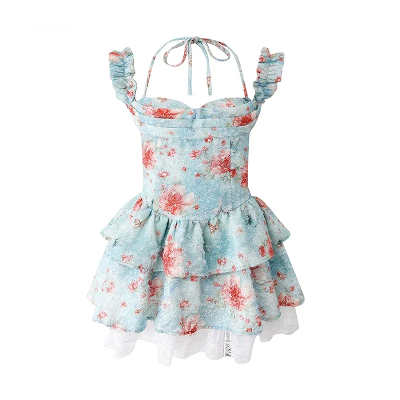 Blue halter floral waist slim skirt homecoming dress R5264