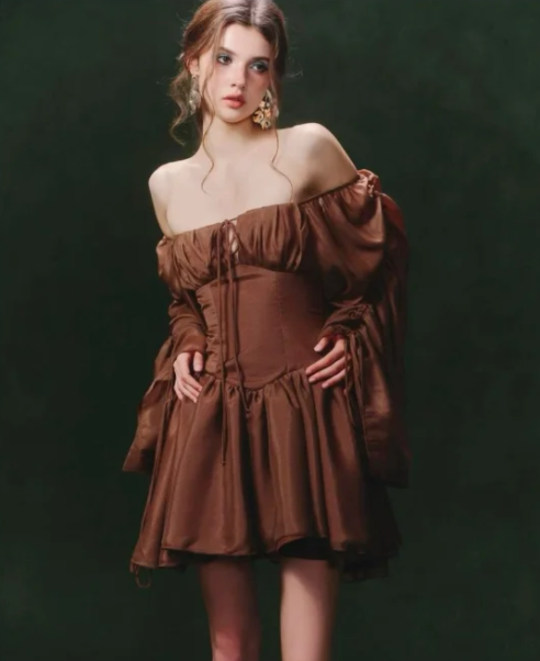 Brown one-shoulder long-sleeved retro waist sexy short skirt homecoming dress R4841