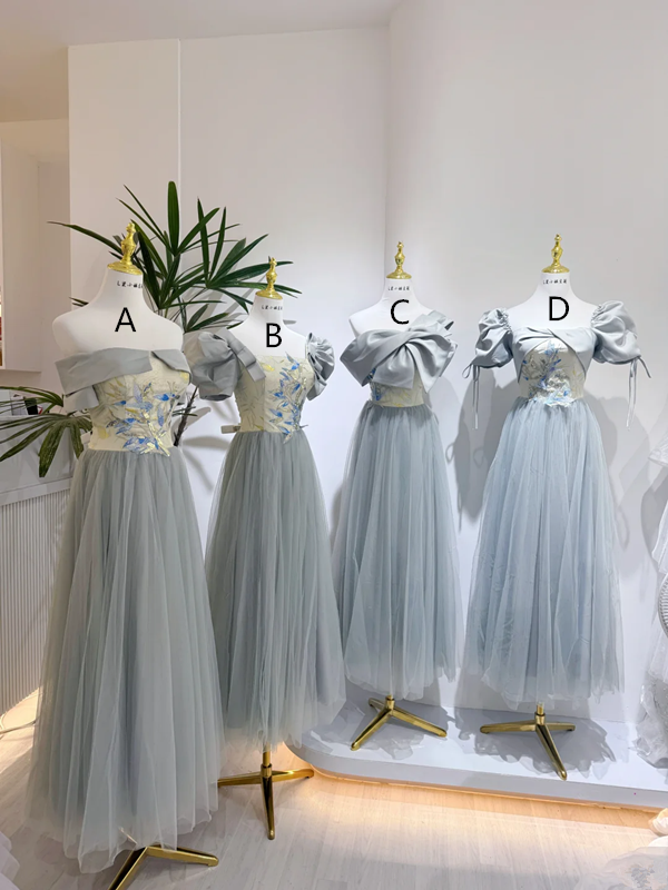 Gray-blue waist-cinched, slim-fit ball gown with chiffon skirt, bridesmaid dress R5935