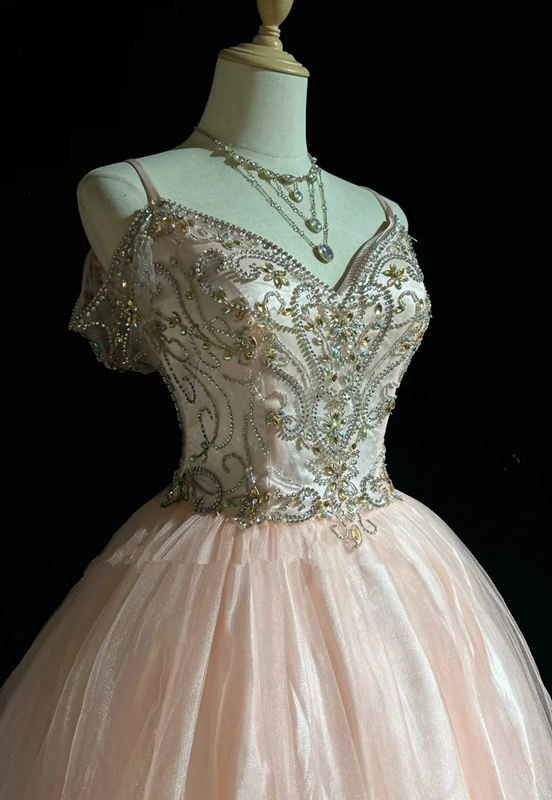 Pink suspender diamond waist slim fit puffy princess skirt homecoming dress R4921