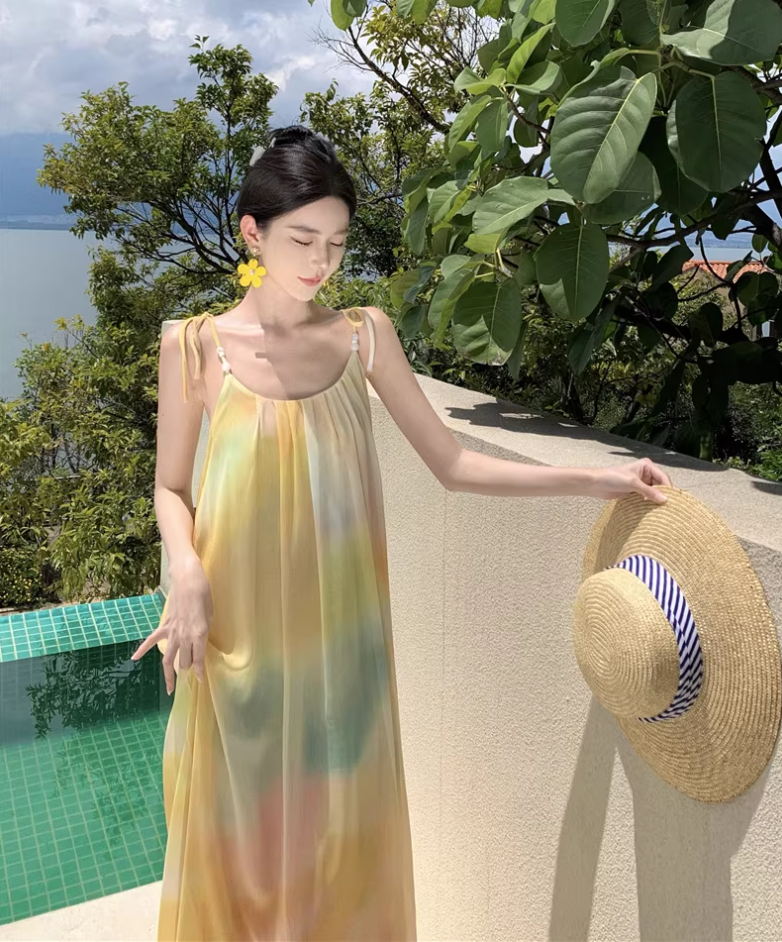 Beach vacation yellow gradient lazy style loose sling gentle style temperament dress R1630