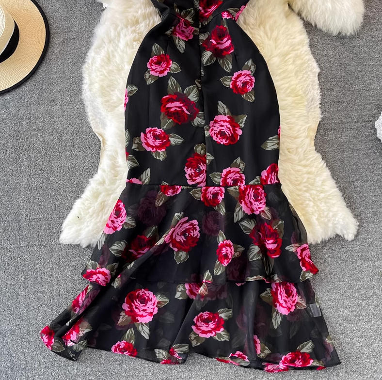 Ruffled waist slimming temperament lady V-neck hip fishtail chiffon dress fashionable dress skirt R0370