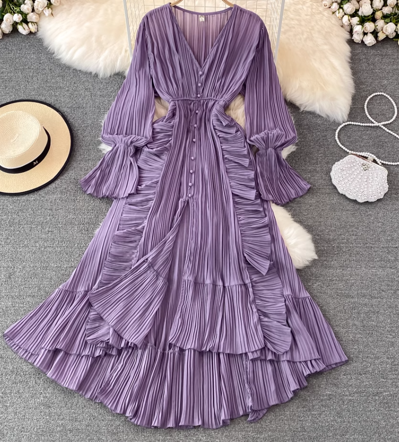 Spring super fairy seaside vacation ruffled high waist slim V-neck dress desert travel red long skirt R0329