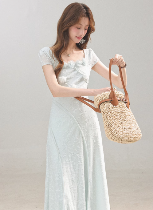 Summer new style elegant high-grade blue dress square collar waist long skirt R1898