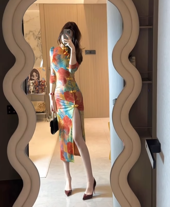 Large size new Chinese style elegant temperament cheongsam dress slit sexy long skirt R1834