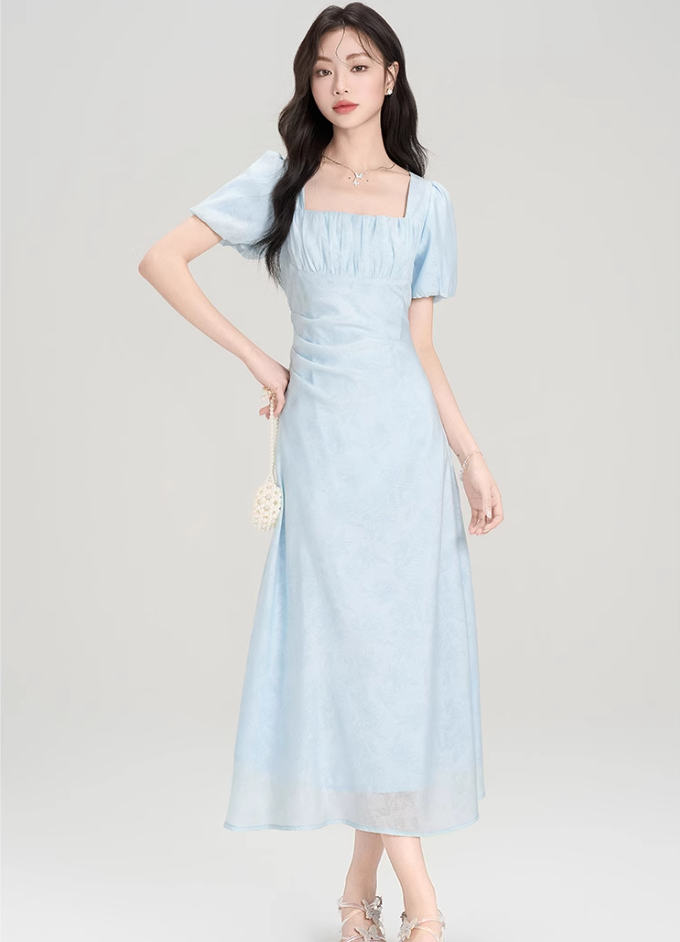 Tea break French style square neck puff sleeve dress new style chic sweet waist skirt R2376