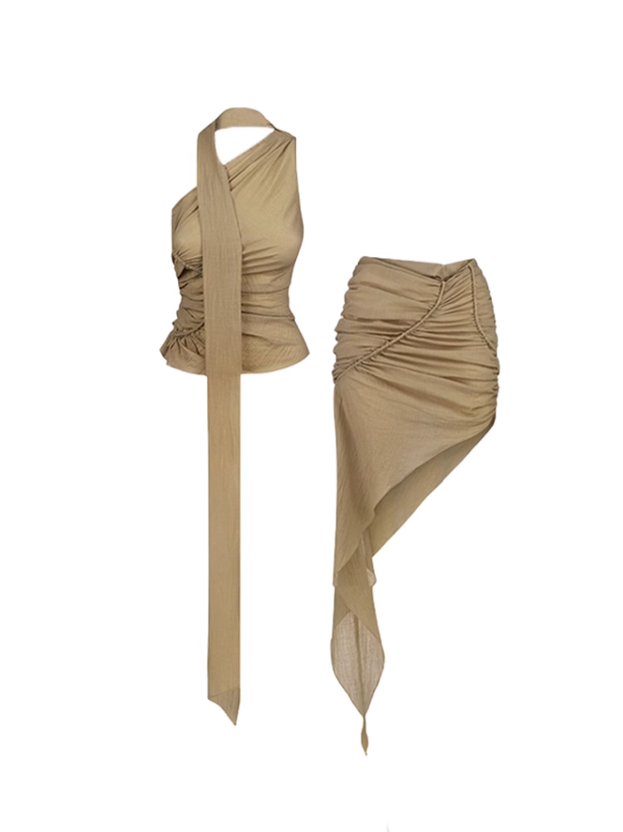 French style off-shoulder sleeveless ribbon top 2025 off-shoulder pleated hip skirt suit R1340