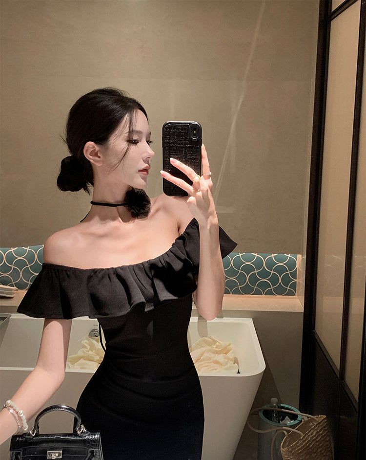 Hepburn style French sexy black one-shoulder dress slim fit temperament hip long skirt R1820