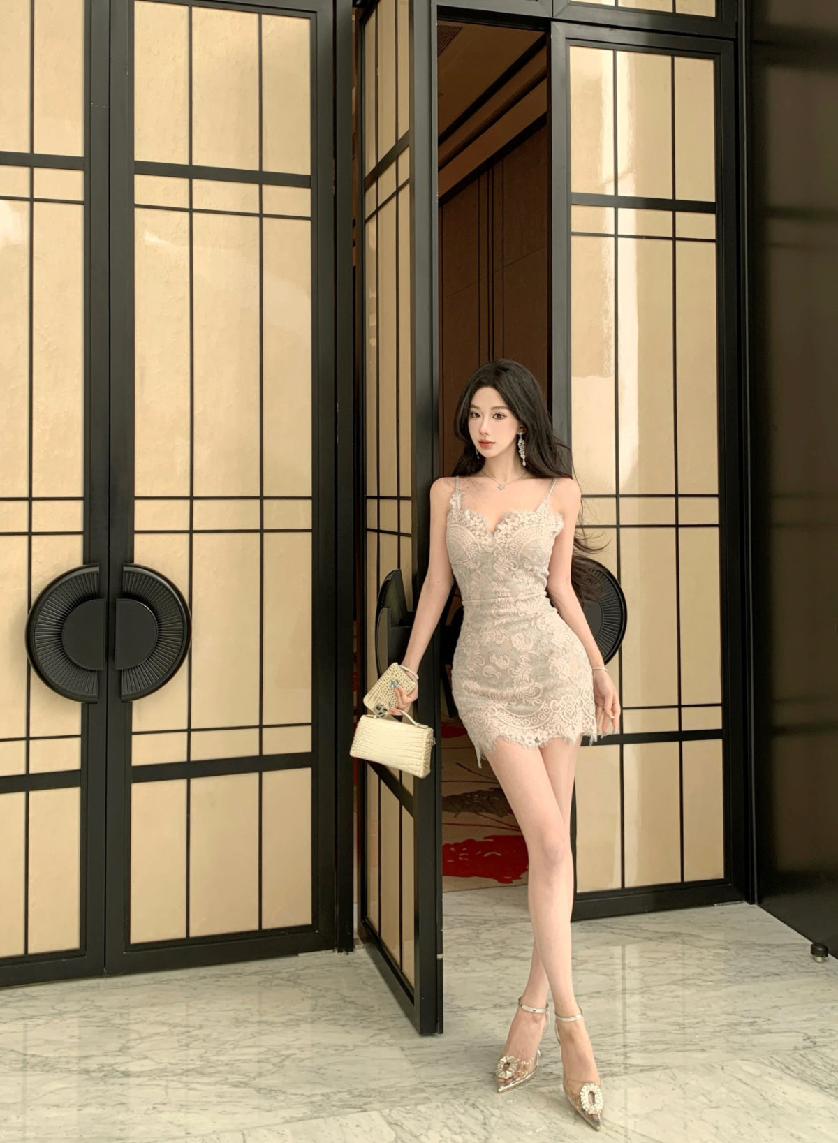 Blue suspender dress, sexy waist, slim hip skirt R0579