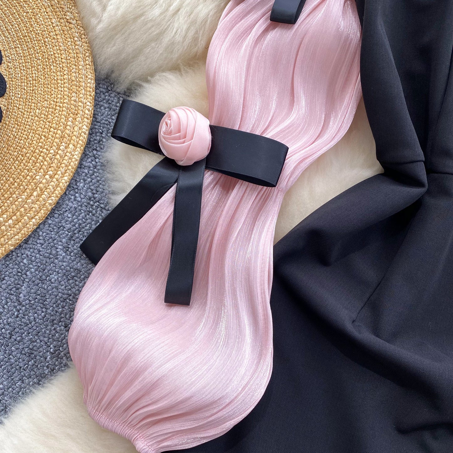 Small dress French high-end three-dimensional flower lantern sleeves waist slimming A-line dress R2319